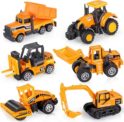 Oriate 28pcs Construction Toys for Kids, 12pcs Mini Diecast Construction Vehicles Toy with Flatbed Transport Trailer, Educational Digger Excavator Bulldozer Forklift Trucks Cake Topper Stickers