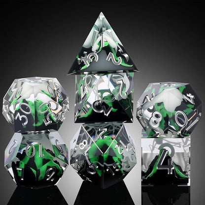 DNDND Emerald Volcanic Sharp Edge Dice Set - 7PCs Green Lava Flow Polyhedral Dice for D&D, RPG Metal Case Gift with Clear Numbers