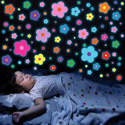 Glow in The Dark Y2k Cute Flowers Wall Decals，Glowing Luminous Colorful Floral Wall Stickers Removable self-Adhesive Flower Decals for Girls Bedroom Kids Baby Nursery Living Room Decor (Bright Color)
