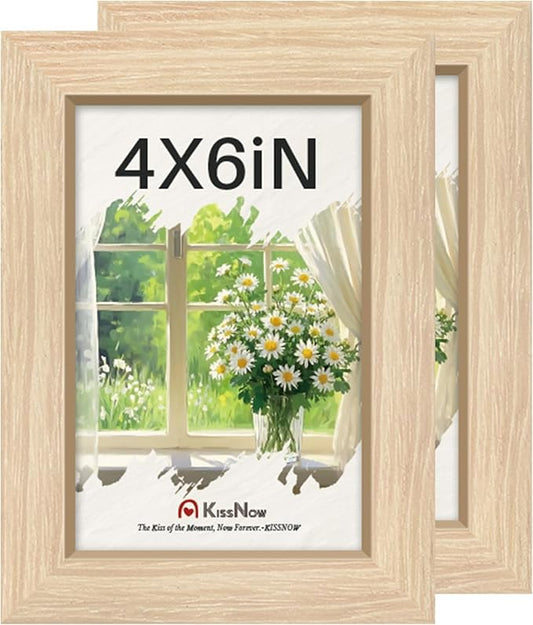 4x6 Picture Frame 2 Pack, Natural Oak Wood Gallery Photo Frame, Wall Hanging or Tabletop Display