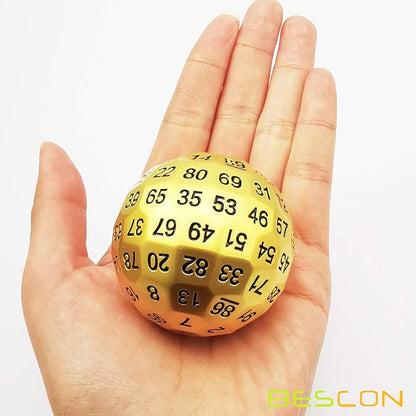 Bescon Solid Metal 100 Sided Dice, Game Dice D100, Giant Polyhedral Metal 100 Sides Dice 50MM in Diameter (1.97in), Matt Golden