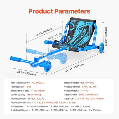 VEVOR Ride on Scooter, Load Capacity of 198 lbs, Swing Side-to-Side for Amazing Ride Powered by Zig-Zag Motion, Ride on Drifting Toy for Ages 10+, Rides on Any Hard Surface for Indoor & Outdoor, Blue