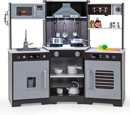 HONEY JOY Corner Kids Kitchen Playset, Wooden Toy Kitchen Set w/Lights & Sounds, Range Hood, Ice Maker & Coffee Maker, Microwave, Sink, Faucet, Little Chef Pretend Play Kitchen for Toddlers, Brown