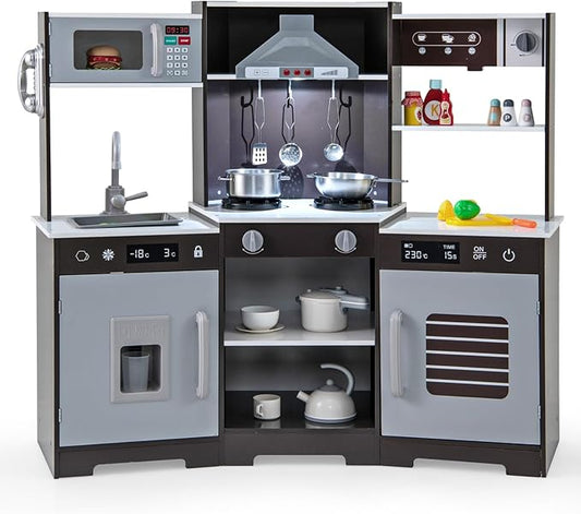 HONEY JOY Corner Kids Kitchen Playset, Wooden Toy Kitchen Set w/Lights & Sounds, Range Hood, Ice Maker & Coffee Maker, Microwave, Sink, Faucet, Little Chef Pretend Play Kitchen for Toddlers, Brown