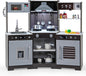 HONEY JOY Corner Kids Kitchen Playset, Wooden Toy Kitchen Set w/Lights & Sounds, Range Hood, Ice Maker & Coffee Maker, Microwave, Sink, Faucet, Little Chef Pretend Play Kitchen for Toddlers, Brown