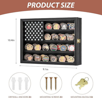 Challenge Coin Display Case, Lockable Solid Wood Military Coin Holder Cabinet with Star Flag Board and Anti-Fade Acrylic Front, Wall Mounted 4-Tier Coin Collection Shadow Box Rack (Black)