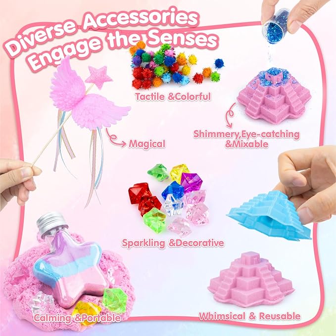 snookids 162Pcs Sensory Bin Magic Sand with Natural Beeswax 690g, Play Sands, Sensory Toys 24 Molds, 3 Unicorns, Sandbox with Lid, Educational Toys and Christmas Gifts for Children 3+