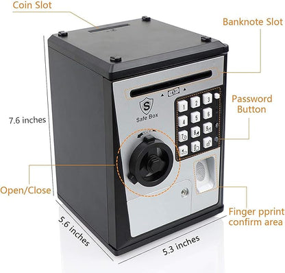 Toy Safe Box, Electronic ATM Piggy Bank, Money Coin Savings Bank, Finger Print Scanner Lock, Great Gift for Children Kids (Silver/Black)