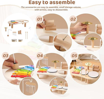 Promise Babe Wooden Drum Set for Toddlers 1-3, Musical Percussion Instruments for Kids Baby Drum Set Xylophone, Montessori Educational Musical Toys, Gifts for Girls Boys Ages 3+
