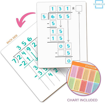SCRIBBLEDO Dry Erase Division White Board 9x12Inch Small Division Chart Durable Portable Double Sided Math Manipulatives Practice Whiteboard for Kids Students Classroom and Home Long Division Lapboard