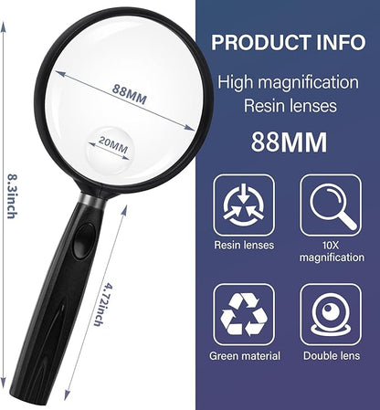 Feosky Handheld Reading Magnifier, 10X 30X Magnifier, 90mm Shatterproof Lens, Non-Slip Handle for Adults Close Work, Seniors Reading and Kids Nature Exploration, Hobby Observation(Black)