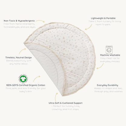 MakeMake Organics Organic Play Mat GOTS Certified Organic Cotton Nursery Floor Rug Washable Reversible Non Toxic Activity Mat Tummy Time Crawling Pad Thick Quilted (Round 48", Bloom + Solid Oat)