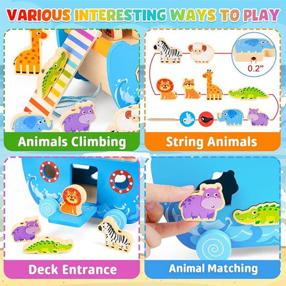 Toddlers Noah's Ark Toys with Wooden Animal Shape Sorters, Baptism Gifts for Girls Boys 2 3 4 Years Old, Montessori Educational Toys for Toddlers, Bible Story Book for Kids Ages 2-4