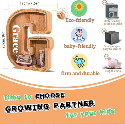 Wooden Letter Piggy Bank for Kids Larger Letter Piggy Bank for Boys and Girls Personalized Piggy Bank Initial Coin Bank Wood Kids Money Bank for Birthday and Festival