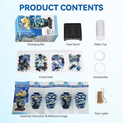 3D Puzzles Vase for Adults, Crafts for Adults, 120 Pieces Plastic DIY Unique Flower Vase with LED Light House Warming Gift Birthday Gifts for Flower Arrangements and Home Decor (Blue)