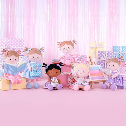 Onetoo Plush Rag Doll First Baby Doll Soft Baby Doll Sleeping Cuddle Buddy Doll for Girls Wear Purple Polka Dot Dress 14"（Milly Series）