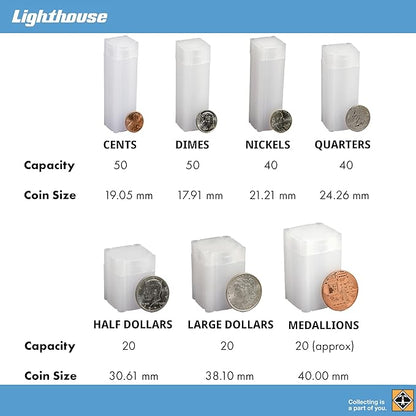 LIGHTHOUSE - Square Coin Tubes - Convenient Push Top, Virtually Unbreakable, Acid Free and Archival Quality - Coin Tubes for US Half Dollars, 10 Pack