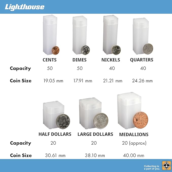 LIGHTHOUSE - Square Coin Tubes - Convenient Push Top, Virtually Unbreakable, Acid Free and Archival Quality - Coin Tubes for US Medallions, 50 Pack
