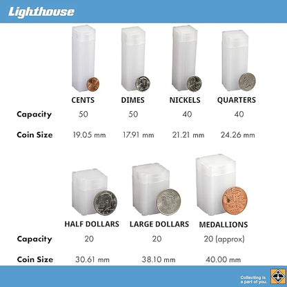 LIGHTHOUSE - Square Coin Tubes - Convenient Push Top, Virtually Unbreakable, Acid Free and Archival Quality - Coin Tubes for US Quarters, 10 Pack
