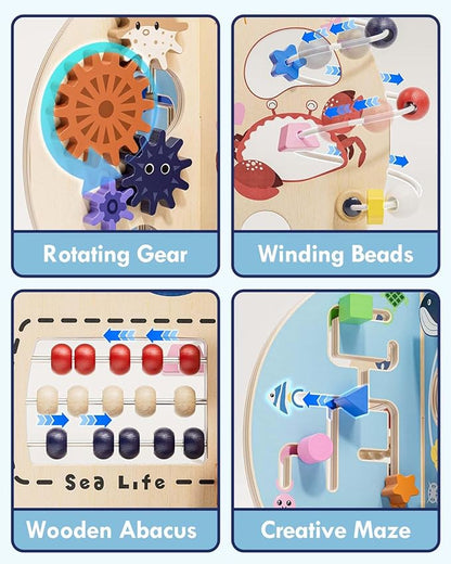 Timber Lulu 1 Year Old Boy Gifts, Ocean Wooden Activity Cube for Baby, Montessori Busy Board Toys for 1 Year Old Boy, Sensory Educational Toys for Toddlers, 1st Birthday Gifts Boy & Girl