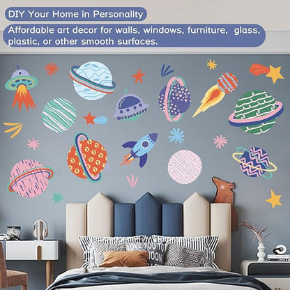 Large Space Wall Decal Stickers Rocket Spaceship Planets Wall Decals Planet Stars Wall Sticker Removable Vinyl Decals Solar System Galaxy Star Space Wall Decor for Nursery Kids Room Girls Boys Bedroom Wall Decor (Multicolor)