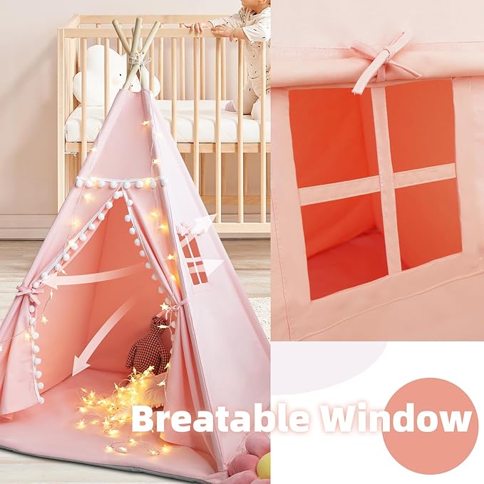 Teepee Tent for Kids with Mat, Star Lights, Carry Case, Cotton Canvas Playhouse, Foldable Tents, Portable Children Play Tent Indoor Outdoor (Pink)