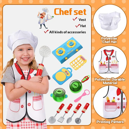 Deekin 3 Sets Kids Dress Up Clothes for Play Age 3-7 Ages, Toddler Dress Up Costumes Vest Role Play Community Helpers Construction Worker, Chef, Explorer for Boys Girls Costumes Accessories