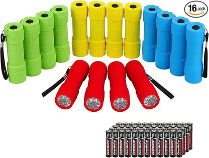 EverBrite 16-Pack Mini LED Flashlight Set - Assorted 4 Colors, 48 AAA Batteries Included, for Hurricane Supplies Party Favors, Kids Gift, Camping, Hiking etc