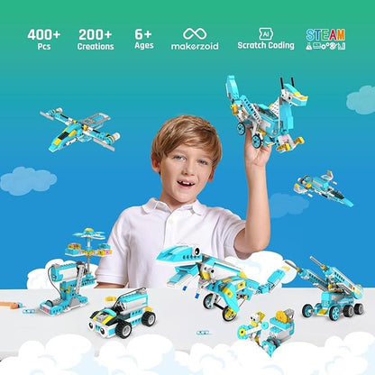 Makerzoid Coding Robot Kit for Kids, 200-in-1 RC Robot Building Toys with Motor Sensor,Scratch JR Coding Set with 36 Video Courses, Birthday Childrens' Day Gift for Kids 6+ (400+ Blocks)
