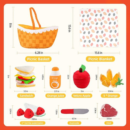 Jollybaby Soft Picnic Basket Cutting Play Food Toys for Baby 6-12-36 Months, Montessori Sensory Felt Fake Food Toy for Toddler 1-3, Birthday Gifts for 1 Year Old Boys and Girls