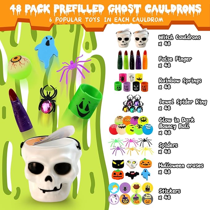 384PCS Prefilled Party Favor Bulk for Kids, 48PACK Prefilled Ghost Cauldrons With 6 Halloween Toys Inside, Goodie Bag Fillers, Prizes Gifts Miniatures for Kids, Trick or Treat