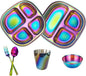 6pc Stainless Steel Kids Plates Set with Fork & Spoon, 2 Piece Divided Non-Toxic Stainless Steel baby Plates & Bowls, Pediatrician Designed, Dishwasher Safe Kids Utensils and Glass (Rainbow)