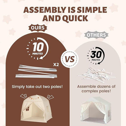 Sumbababy Large Teepee Tent for Kids: with Star Lights & Flags - Tent for Kids Indoor Toddler Teepee for Boys & Girls - Toddler Playhouse Inside Canopy Bed for Playroom Gift Toys (Cream)