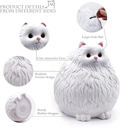Winsterch Cat Piggy Bank,Coin Piggy Bank Money Saving Box Gifts for Kids Girls Boys,Ceramic Piggy Coin Bank,Practical Gifts for Birthday Christmas,White Piggy Bank,7.49 x 5.9 inches