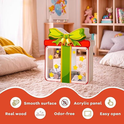 Wooden Christmas Piggy Bank for Kids, Gift Box Piggy Bank with Acrylic Panels, Unbreakable Toddler Money Box for Boys Girls, DIY Kids Safe Coin Bank with Letter Sticker