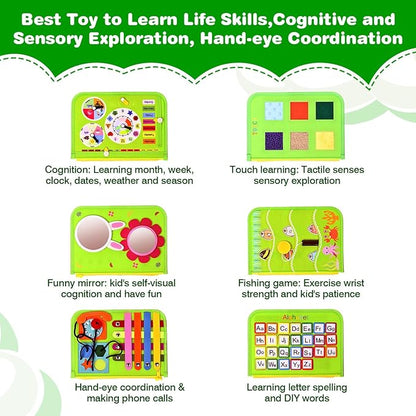 Busy Board Montessori Toys for Toddlers 1-3, Birthday Gifts for 1 2 3 4 Year Old Boy Girl, Autism Sensory Travel Toy, Educational Activity Book Board for Learning Fine Motor Skills Toys, Green