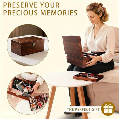 Large Wooden Storage Box with Adjustable Tray, 12.5 IN Acacia Wood Keepsake Box with Lid for Storage Trinkets, Jewelry, Card, Photo, Wooden Decortive Case for Home 12.5x9.4x6.1 IN -WB006-X Large