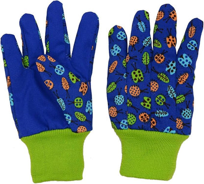 HANDLANDY 2 Pairs Kids Gardening Gloves, Girls Boys Children Garden Work Play Gloves (Green Ladybug & Dot, Medium)