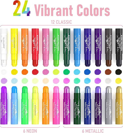 24 Colors Tempera Paint Sticks with 120 PDF Coloring Pages and 30 Stickers, Quick Drying, Smooth, Non-Toxic and Washable Paint Sticks for Kids Drawing on Pumpkin, Wood, Rock, Glass