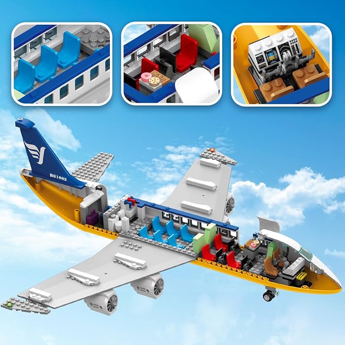 HOGOKIDS City Passenger Airplane Building Set with LED Light, 901 PCS Plane Building Blocks with Airport Terminal, Radar Tower, Luggage Trailer, Planes Model Toys Gifts for Adults Boys Girls Age 6-12+