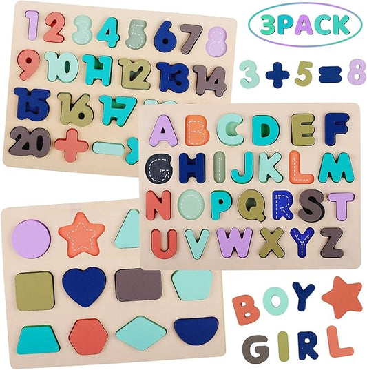 Wooden Puzzles for Toddlers, LENNYSTONE Alphabet Number Shape Puzzles Toddler Preschool Education Learning Toys for Kids Age 3 4 5 Year olds