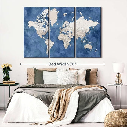 ElephantStock Detailed World Map With Cities I Wall Art - Horizontal Canvas - 3-Piece Living Room Decor - Watercolor Map Canvas Print - Beige and Blue Wall Decor by Blursbyai - 65" X 42"