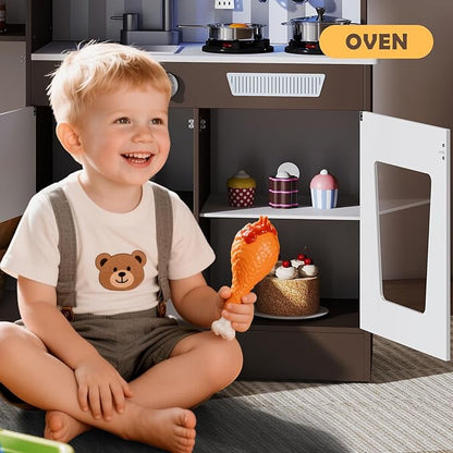 JOYDIAS Kids Play Kitchen Set, Pretend Wooden Kid Kitchen Playset Toy Kitchen w/Sound and Light, Oven, Ice Maker, Blackboard & Toy Storage Box, Toddler Kitchen Accessories for Kids Ages 3+