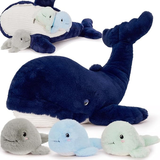 MaoGoLan Blue Whale Plush Toy Stuffed Animals Bulk for Kids, 20 Inch Giant Stuffed Whale Mommy with 3 Babies Inside - Under The Sea Party Favors Christmas Valentine's Day Birthday Gift
