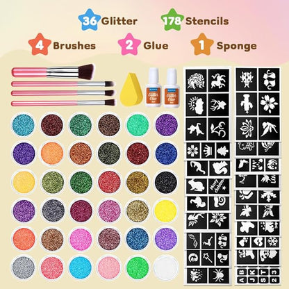 Glitter Tattoo Set, Bledras 36 Colors Kids Tattoo Set, 178 Stencils, 5 Brushes, 2 Glue, Flash Tattoo Kit for Girls, Boys and Adults, Carnival Festival, Cosplay Parties, Games (Orange)