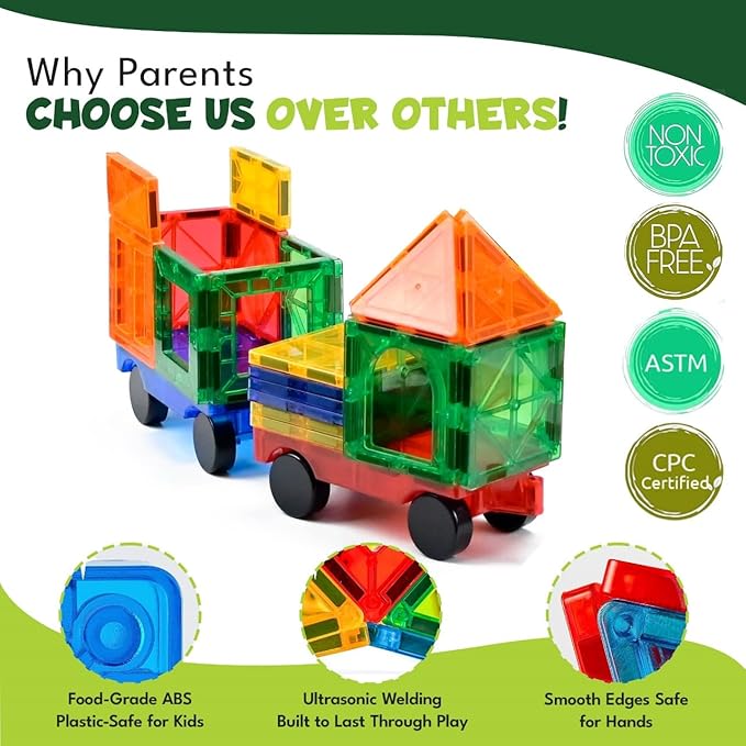 Magnetic Tiles 180 PCS with 2 Cars - STEM Building Blocks for Kids,Safe Magnatiles for 3+ Preschool Toddlers, Educational Gift for Boys & Girls