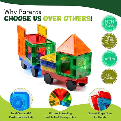 Magnetic Tiles 150 PCS with 2 Cars - STEM Building Blocks for Kids,Safe Magnatiles for 3+ Preschool Toddlers, Educational Gift for Boys & Girls