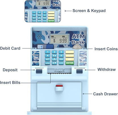 ATM Piggy Bank for Kids，ATM Bank Cash Coin Saving for Real Money with Debit Card，Coin Recognition, Balance Calculator, Electronic Savings Safe Box，Gift for Ages 6-13 Piggy Bank