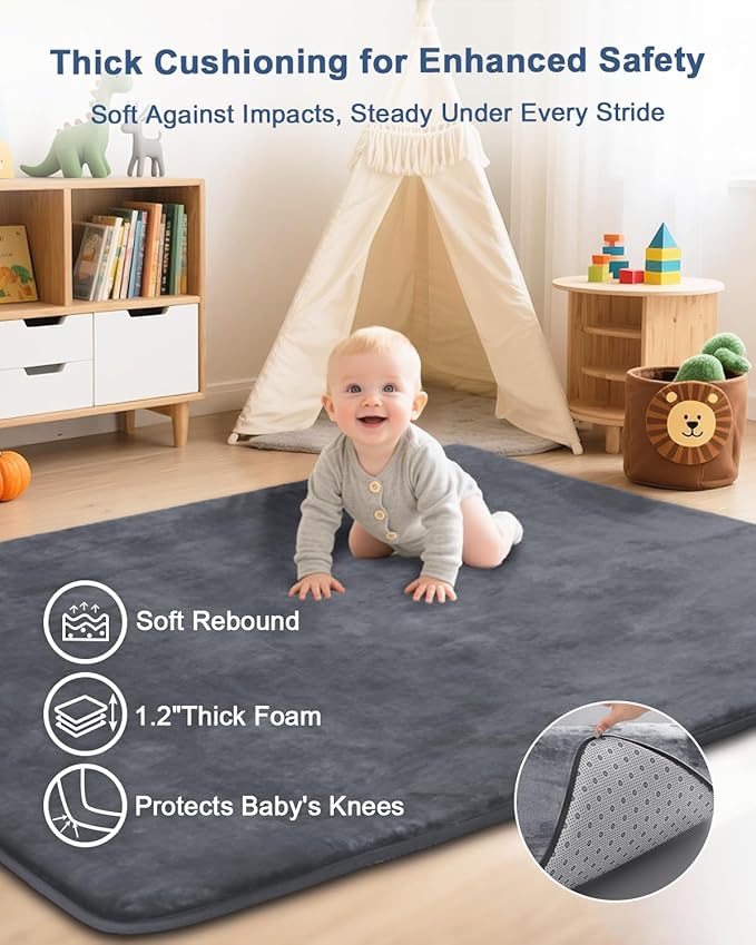 Thick Baby Play Mat for Floor,Padded Foam 47x47 Playpen Mat,Ultra Soft Support & Plush Feel Nursery Rug,Non Slip for Toddler,Infants,Kids Play,Yoga,Baby Crawling,Tummy Time (Dark Grey)