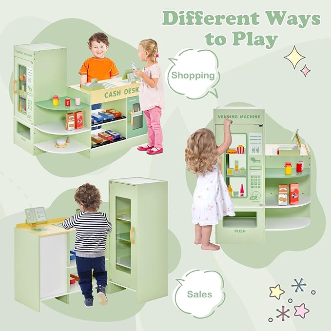 HONEY JOY Kids Grocery Store Playset, Wooden Supermarket Playset w/Cash Register & Vending Machine Toy, Blackboard, Checkout Counter Stand, Grocery Store Pretend Play for Toddler Boys Girls (Green)
